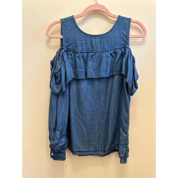 LOFT Blue Chambray Cold Shoulder Long Sleeve Ruffle Top Size Small - Picture 2 of 5